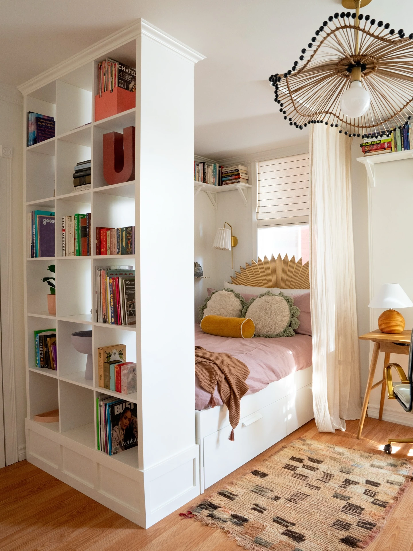 6- Use a Bookcase as a Bed Divider