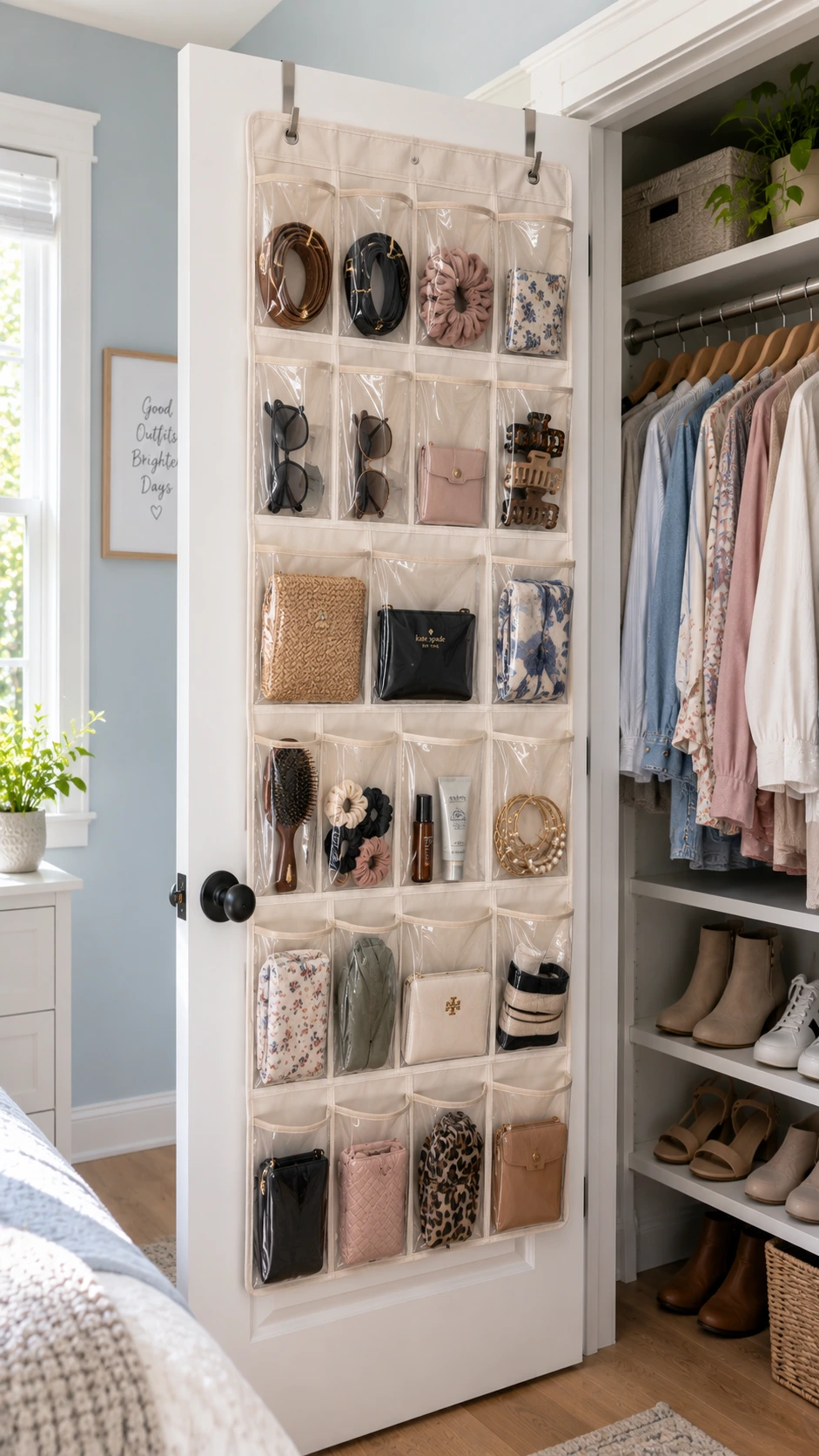 Back of white closet door fitted with multi-pocket over-the-door organizer storing belts, clutch bags, and jewelry pouches — a smart bedroom closet organization hack