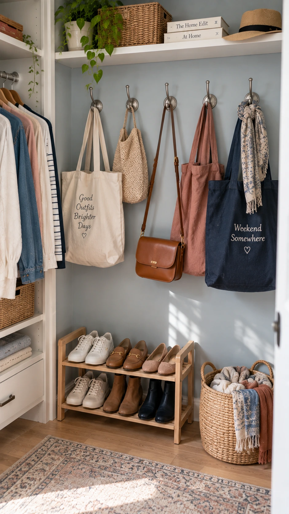 Brushed nickel wall-mounted hooks inside a bedroom closet holding tote bags, a crossbody purse, and a canvas weekender bag for easy daily access