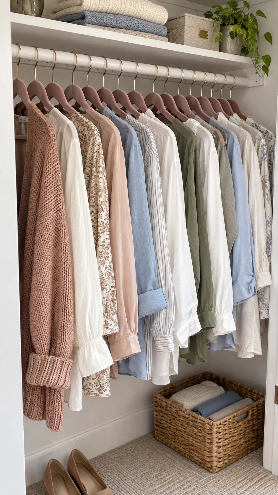 Tightly grouped clothes hanging on matching slim velvet mauve-rose hangers facing one direction on a white closet rod, showing how uniform hangers instantly elevate closet organization
