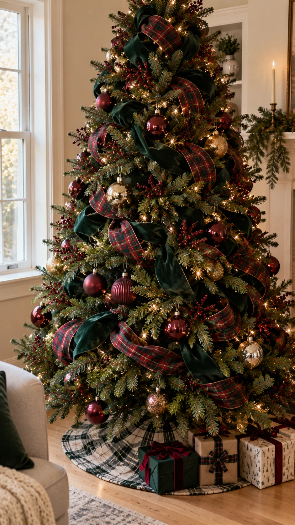 Wide velvet and plaid ribbon woven deep into Christmas tree branches creates dimensional layering from trunk to tips