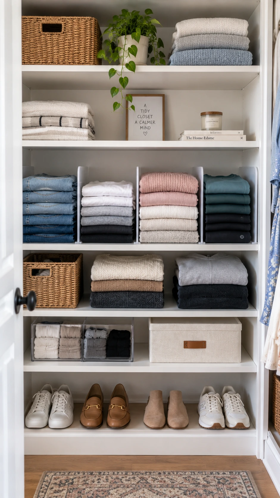 Clear acrylic shelf dividers keeping folded sweaters, jeans, and t-shirts in neat upright stacks on a bright bedroom closet shelf