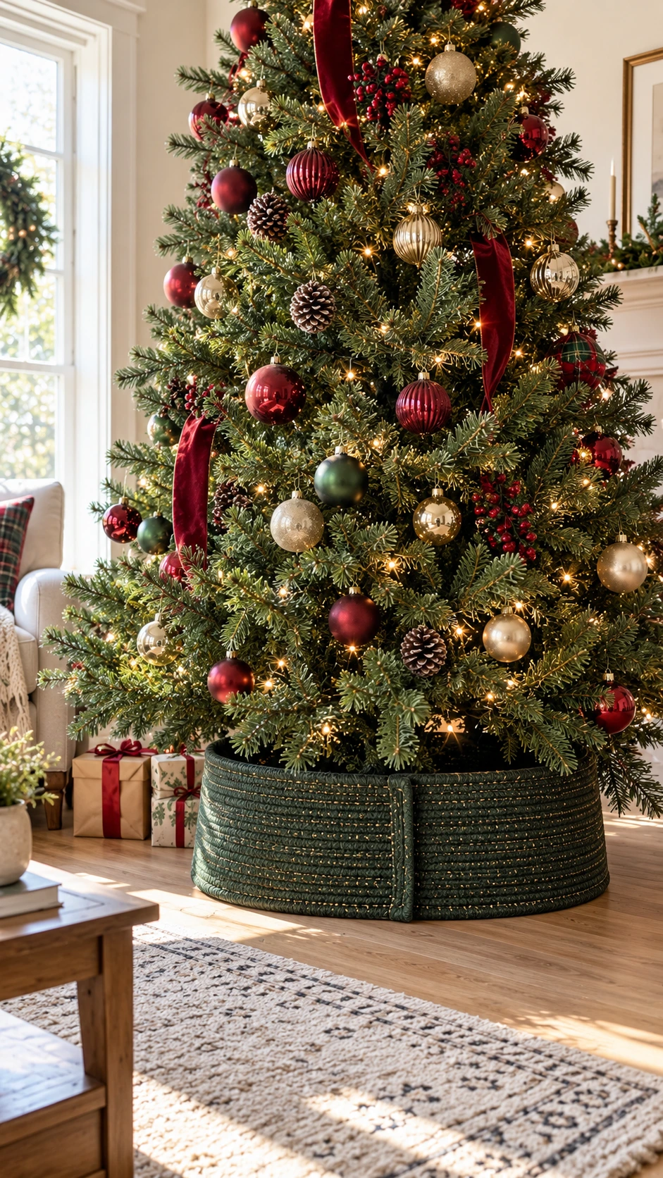 Decorated Christmas tree with a round woven forest green tree collar with gold threading at the base, a modern alternative to a traditional tree skirt