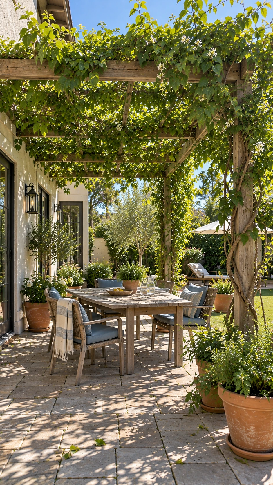 Patio Shade Ideas: leafy grapevines cover a wooden pergola, casting dappled shade over stone pavers beside a stucco home