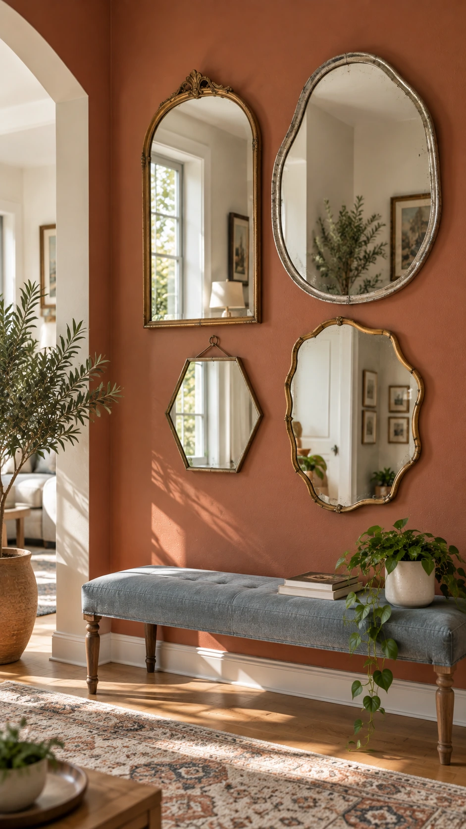 Gallery wall of mismatched vintage mirrors in odd shapes including an arched gilt frame and wide tarnished oval, styled together in a living room for layered hanging decor depth