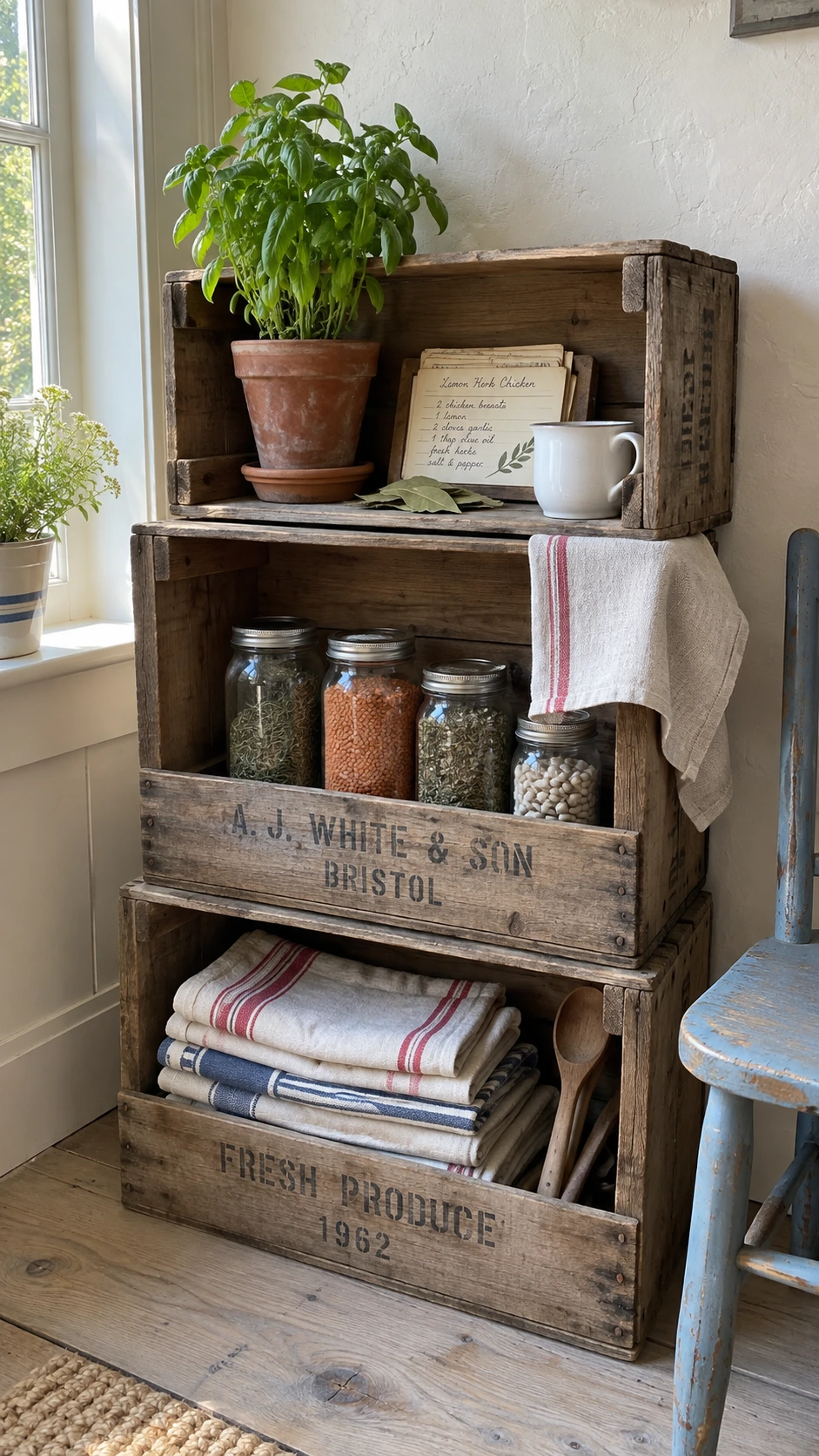 Three weathered vintage wooden crates stacked against a warm white plaster wall, used as open farmhouse storage for folded cotton items in a bright utility room corner