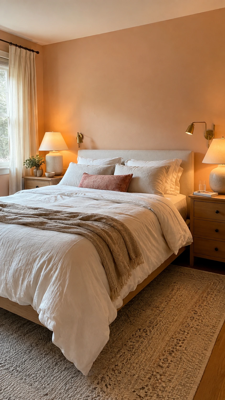 Warm bedroom lighting from twin bedside lamps glows over white linen bedding and a pale peach wall in a bright primary bedroom