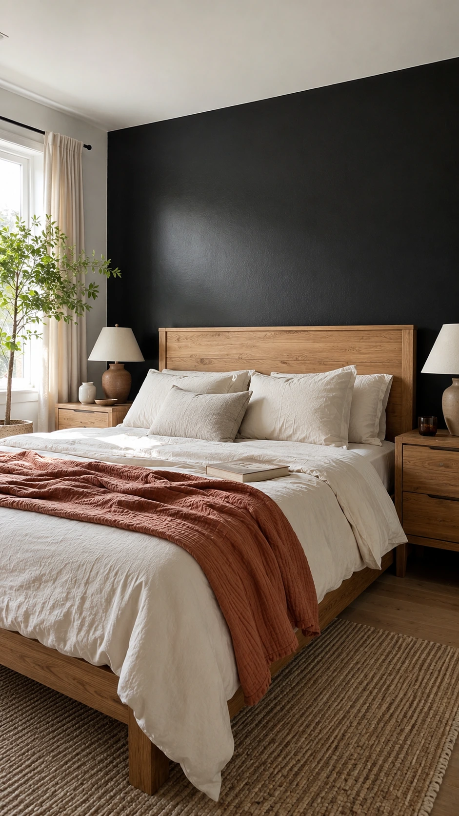 Black Accent Walls idea with a smooth wall behind an oak bed, honey wood nightstands, and soft daylight texture