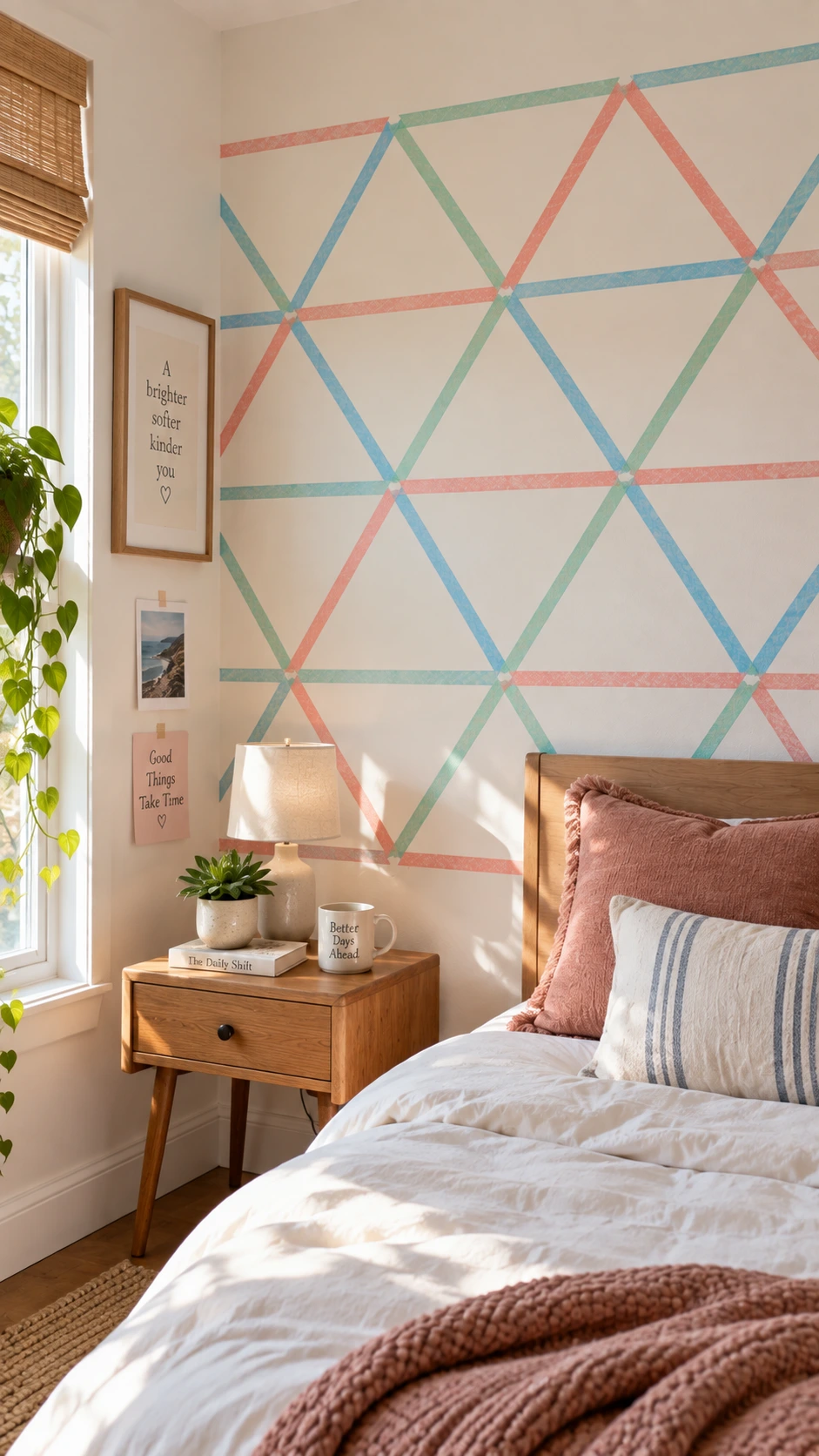 Geometric washi tape wall pattern in coral pink, sky blue, and mint green triangles on a warm white bedroom wall — an easy DIY hanging decor idea
