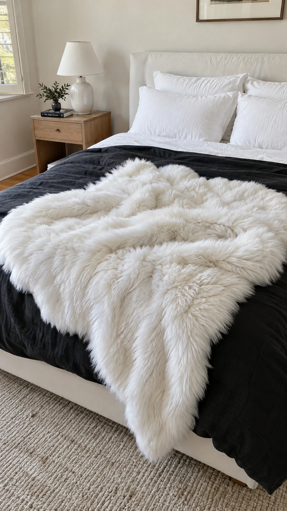White faux fur throw draped across the lower half of a neatly made bed, its plush texture catching soft natural light in a bright white and black bedroom