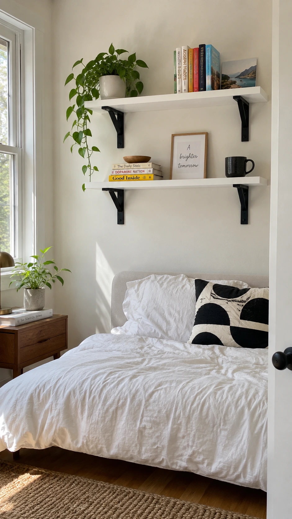 White floating shelves with matte black metal brackets mounted on a white bedroom wall, showing how bold bracket hardware supports each shelf for a modern monochrome look