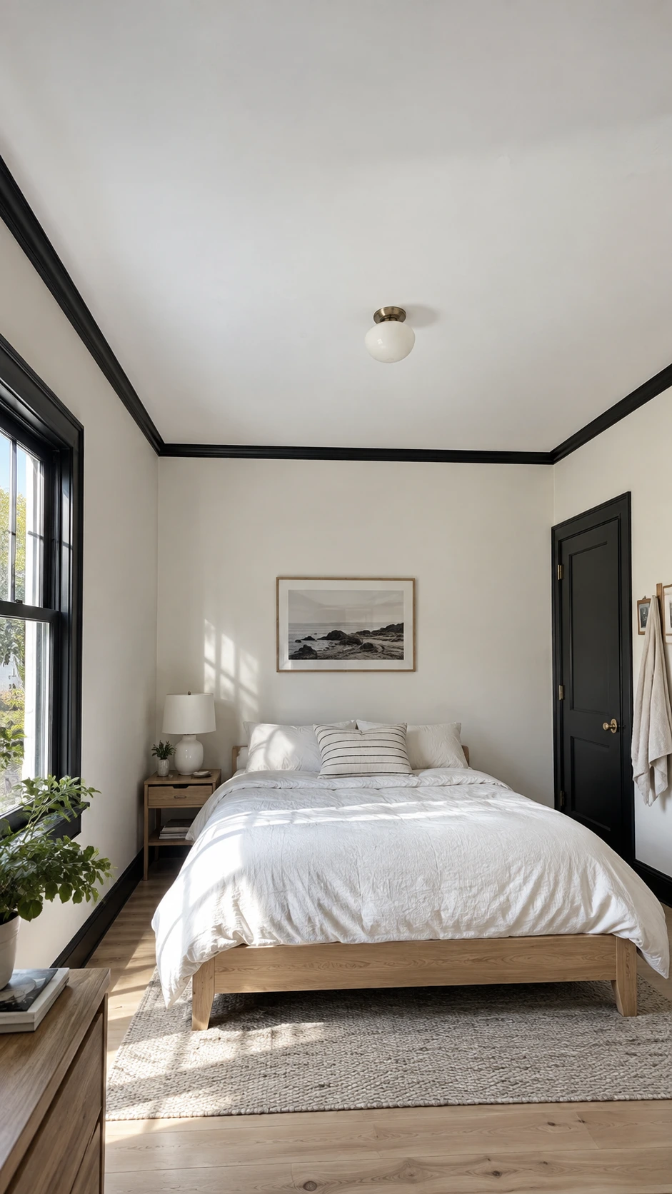 Bedroom with white painted ceiling sharply defined by black trim along edges, window, and door moldings—a high-contrast architectural detail that elevates the space