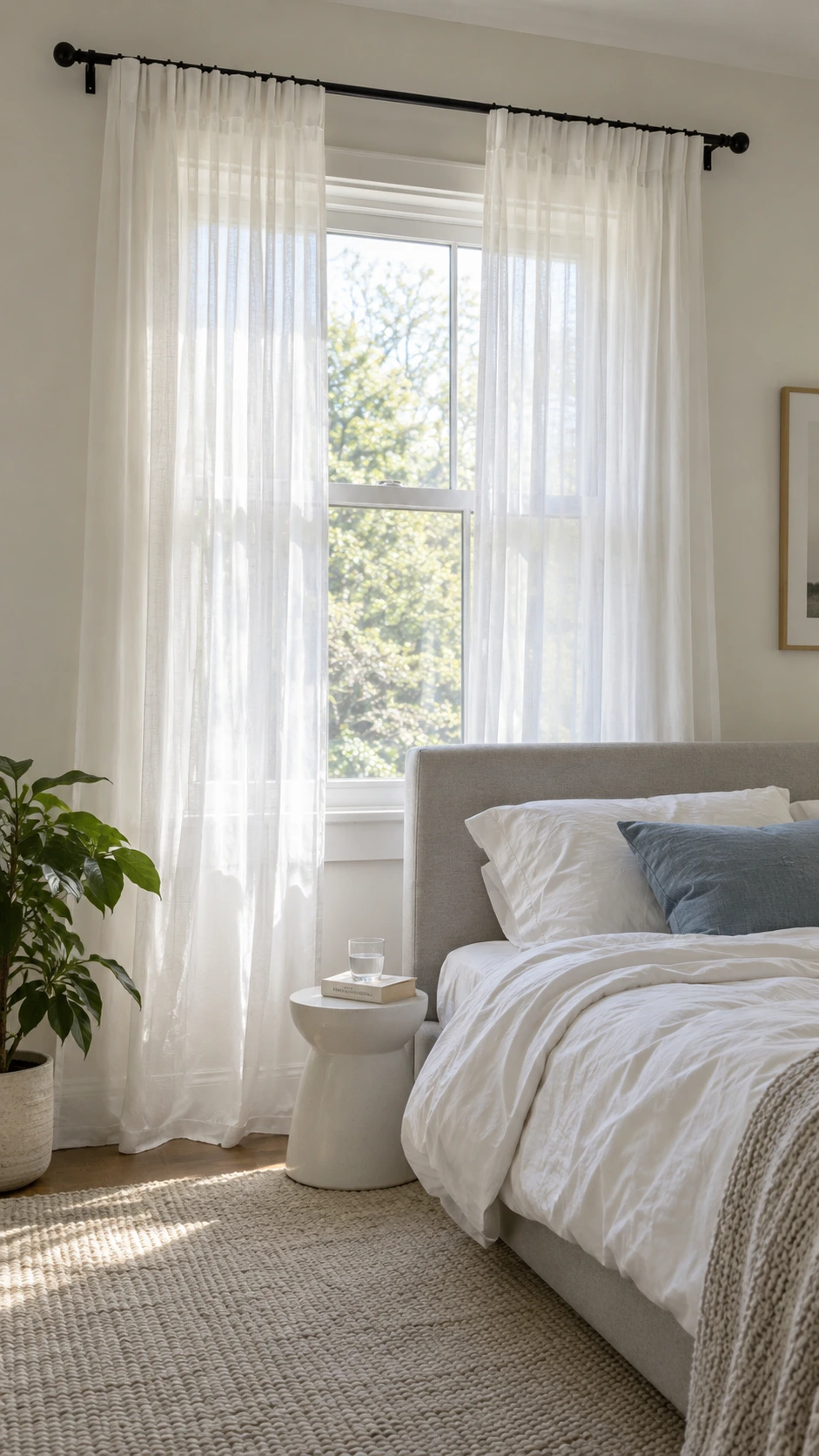 White sheer cotton voile curtains on slim matte black curtain rods filtering soft diffused daylight in a bright monochrome bedroom