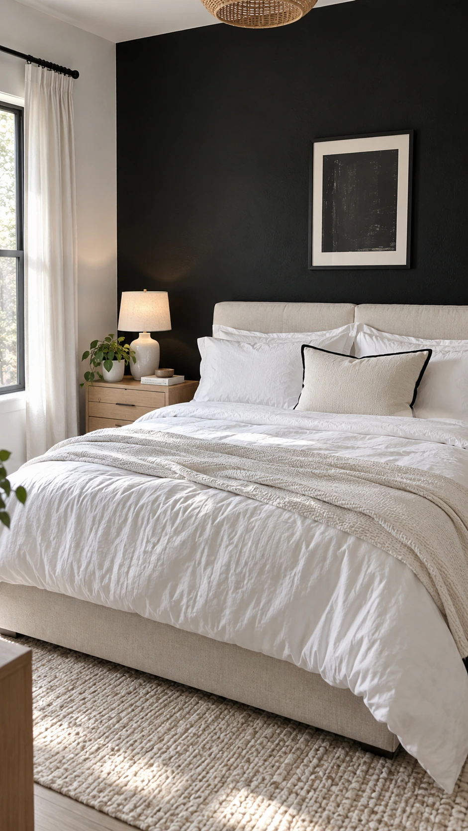 Matte black accent wall behind a low-profile upholstered bed contrasting three clean white walls in a naturally lit white and black bedroom