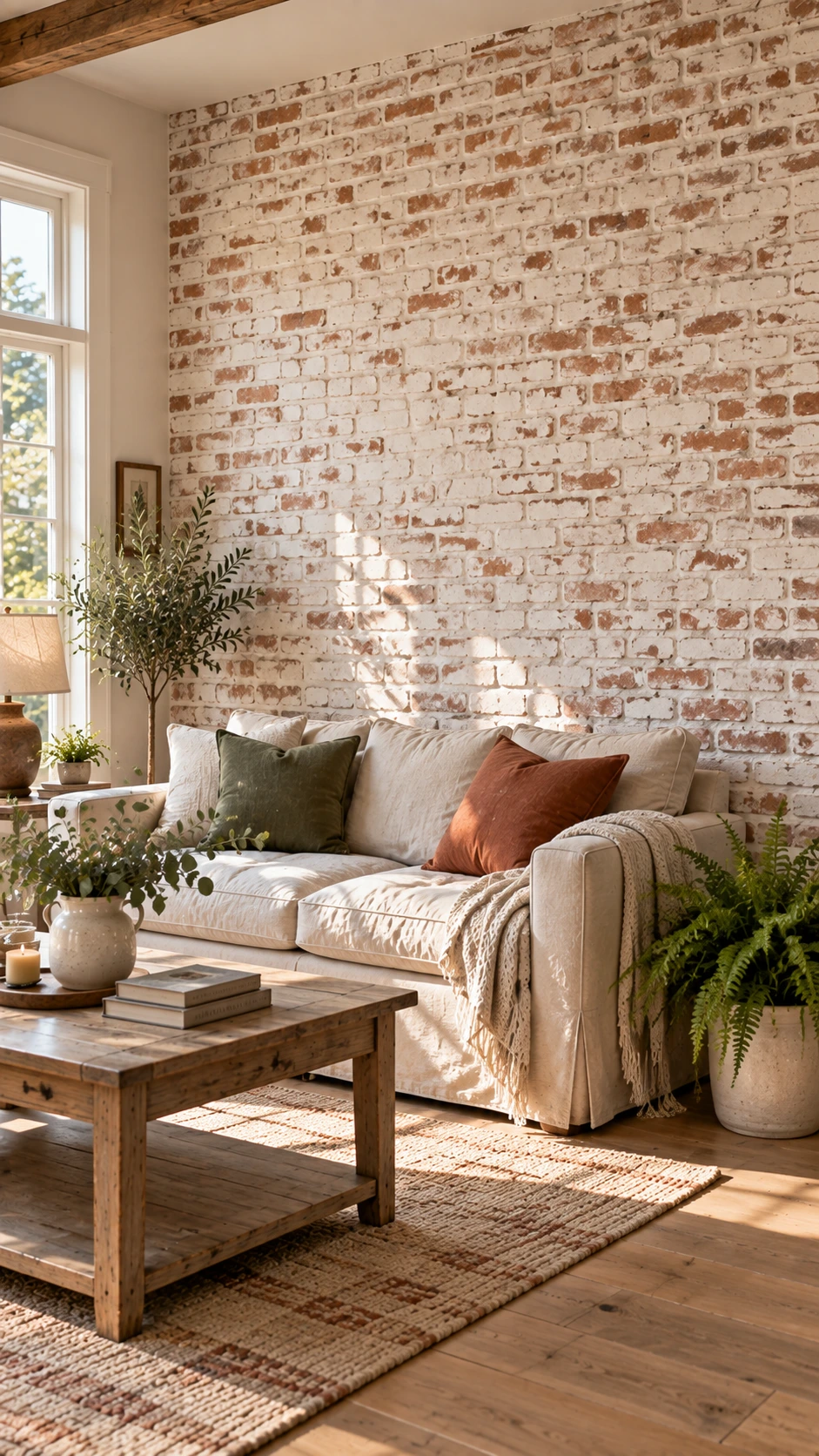 Floor-to-ceiling whitewashed brick accent wall in a sunlit farmhouse living room, revealing warm red and clay tones beneath a thin lime wash finish