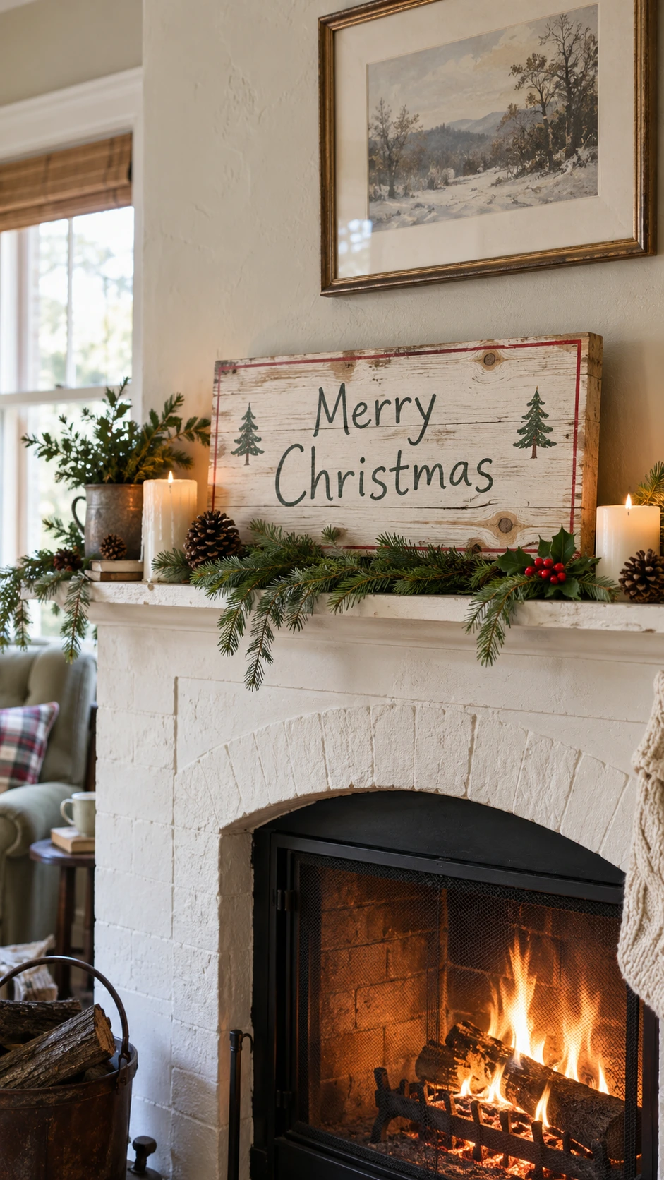 Rustic wood-burned Christmas sign with handwritten lettering displayed on a holiday fireplace mantel in warm natural light