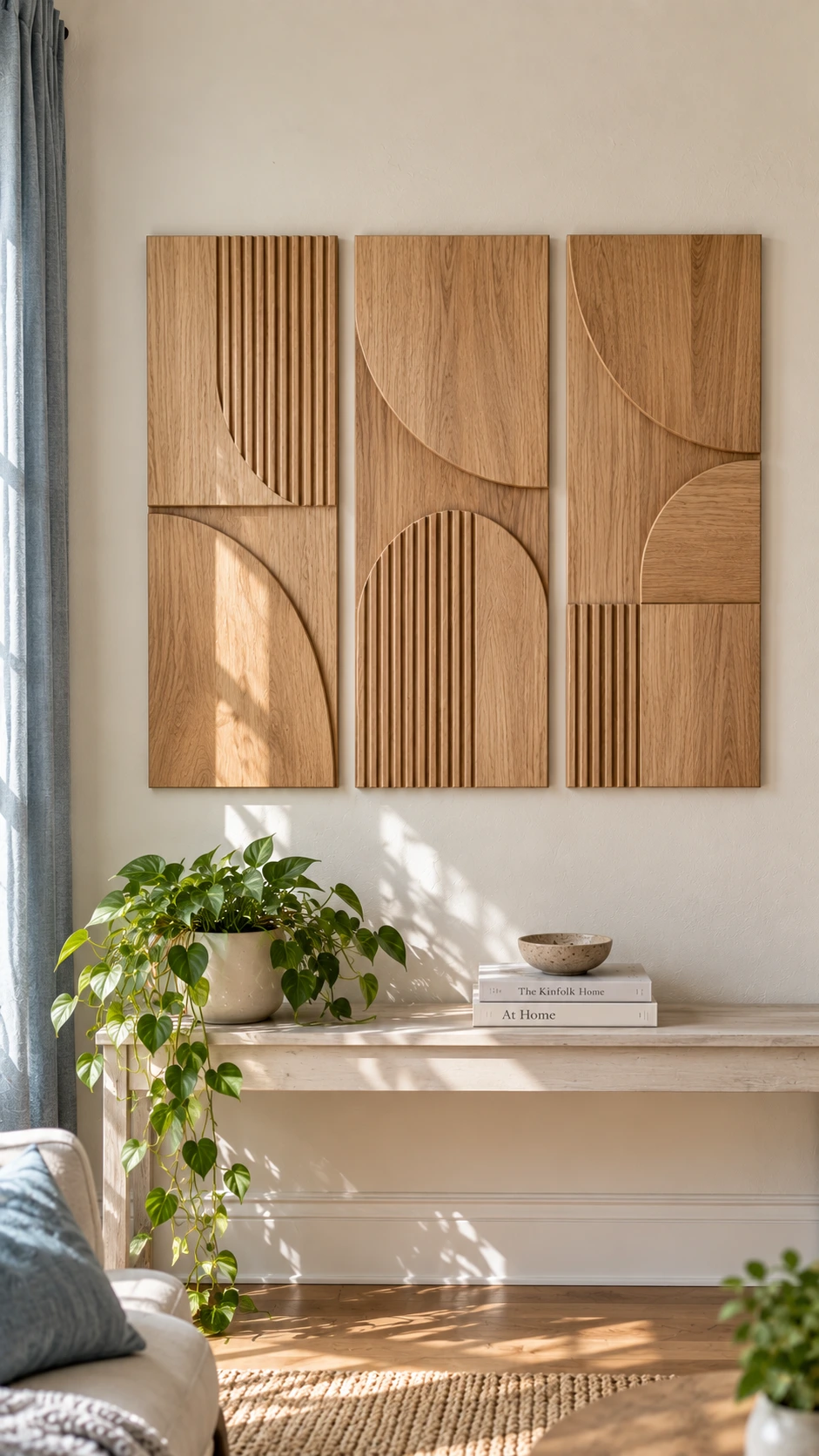 Geometric carved oak panels with honey-toned grain variation mounted on a warm white plaster wall as a living room focal point