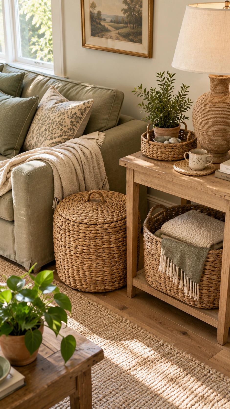 Three woven baskets in varying sizes clustered in a sunlit living room corner, showcasing how natural fiber accents bring old money warmth and functional elegance
