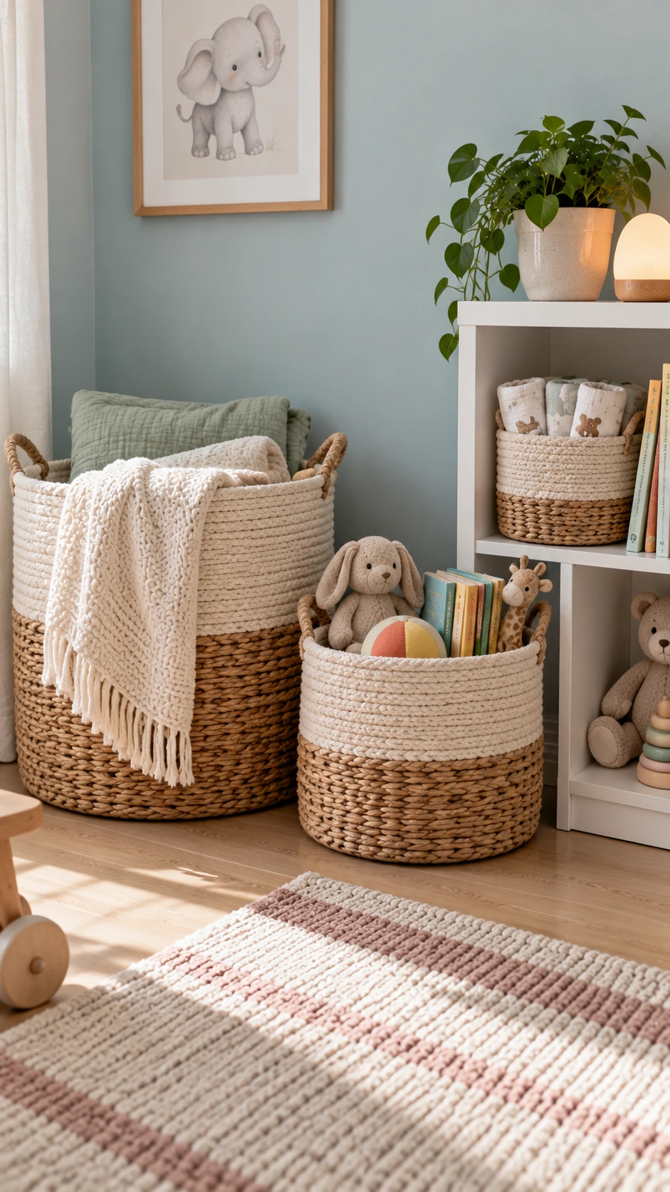 Three woven seagrass and cotton baskets of varying sizes tucked beside a white nursery shelf, keeping toys and blankets organized in style