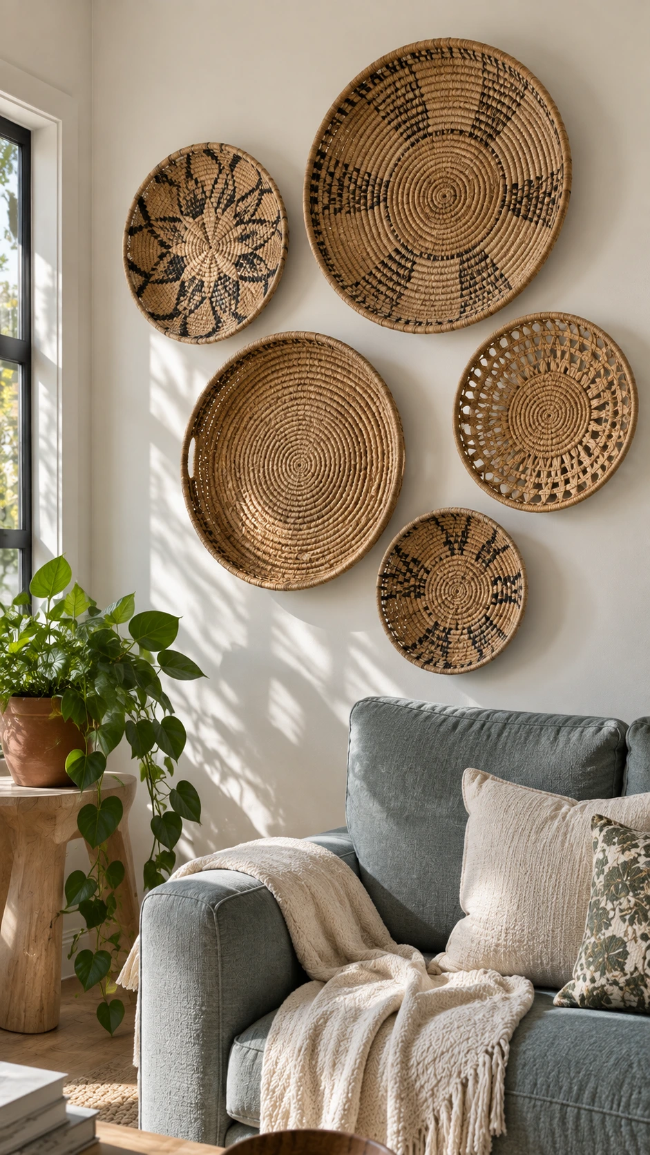 Five woven wall baskets in varying sizes arranged at different heights on a warm off-white living room wall, styled as intentional hanging decor in natural daylight