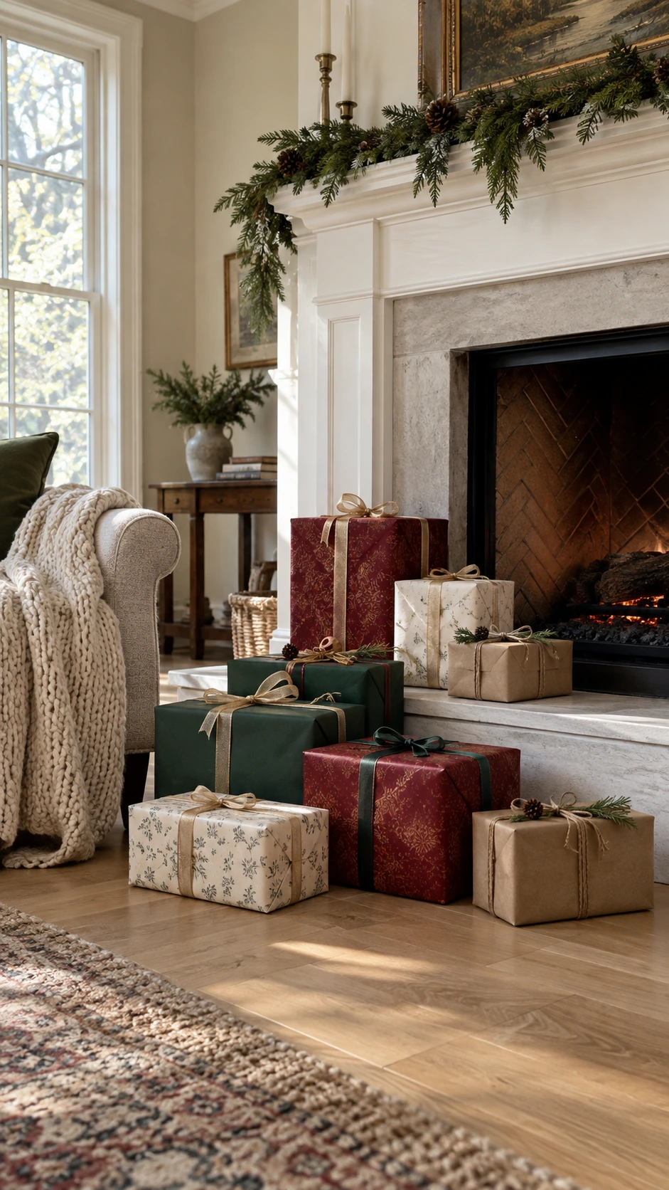Beautifully wrapped Christmas gift boxes arranged on a brick hearth as intentional Christmas fireplace decor, stacked in varying sizes with festive holiday styling