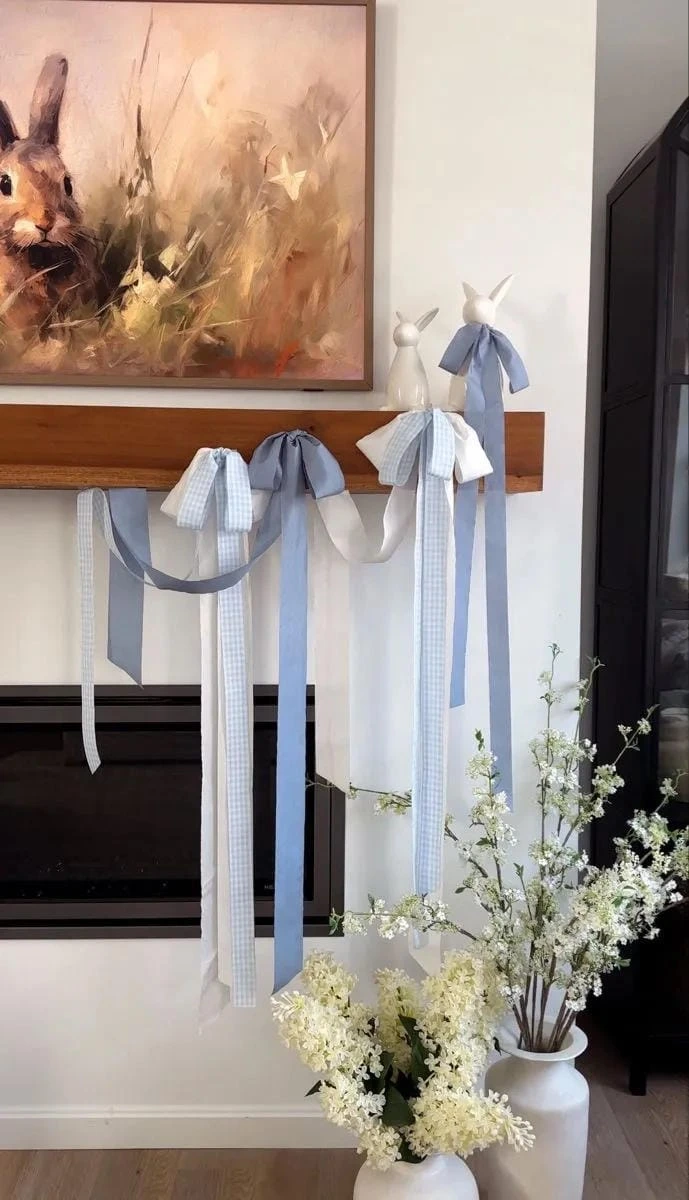 16- Add Blue Ribbons and Flowers to the Mantel