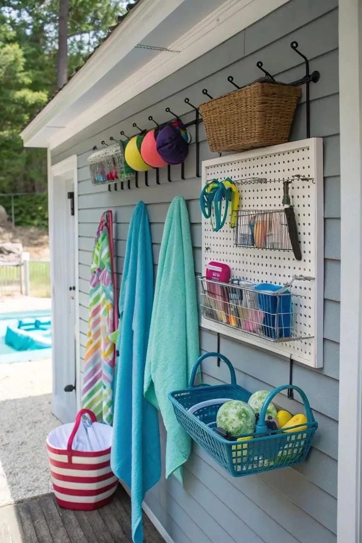14- Combine Hooks and Baskets by the Pool