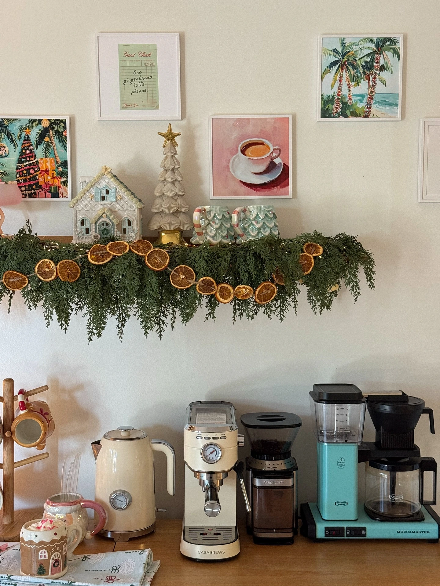 14- Decorate a Long Shelf With Greenery and Dried Oranges
