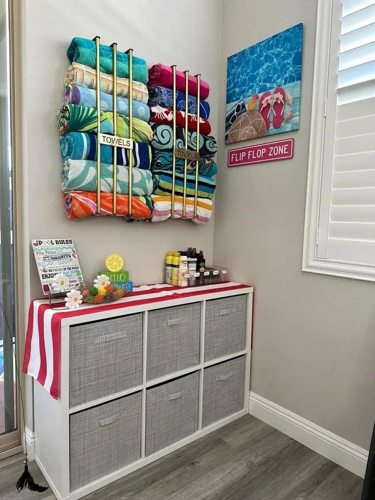 19- Display Rolled Towels on Wall Storage
