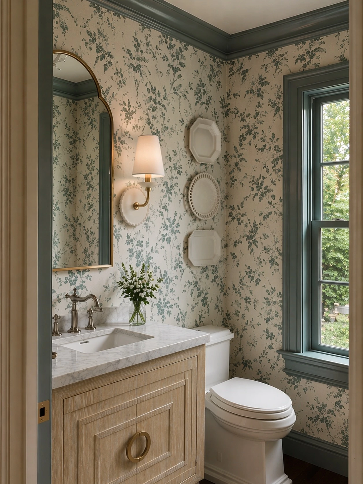 11- Ground Floral Wallpaper with Dark Trim
