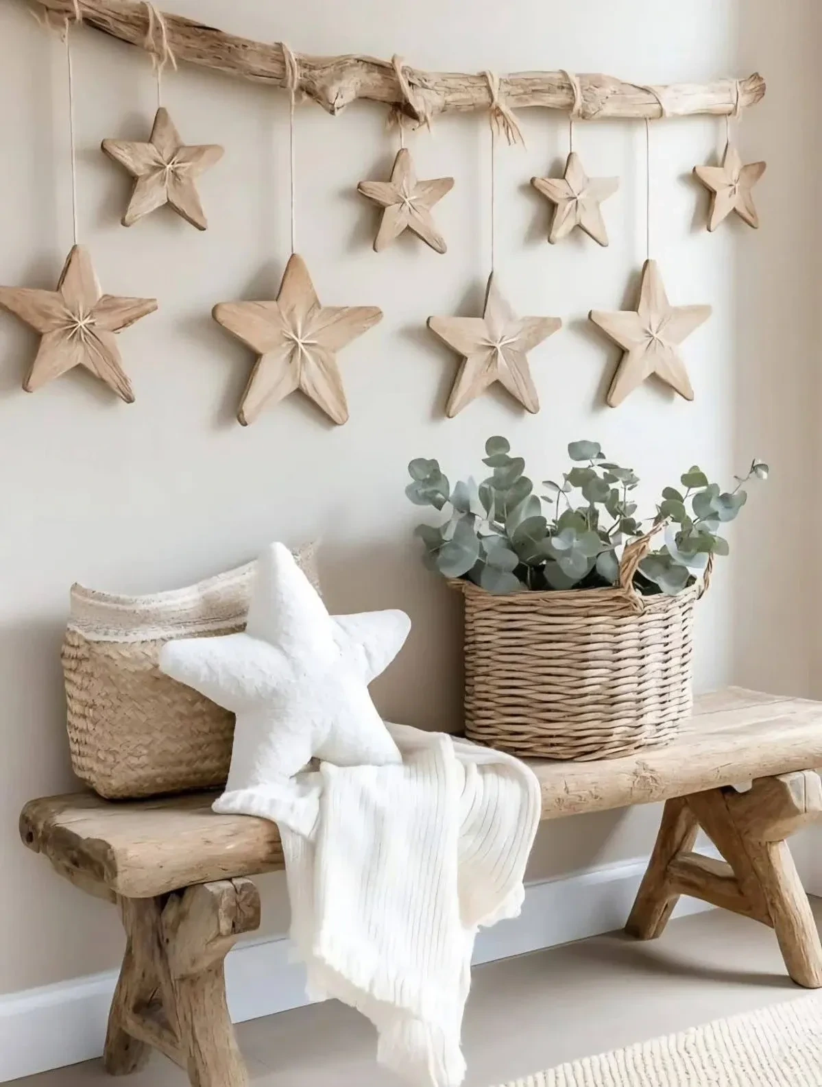 13- Hang Wooden Stars Above a Woven Bench