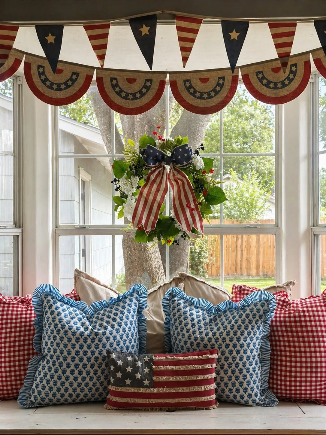 10- Layer Patriotic Pillows in a Window Seat