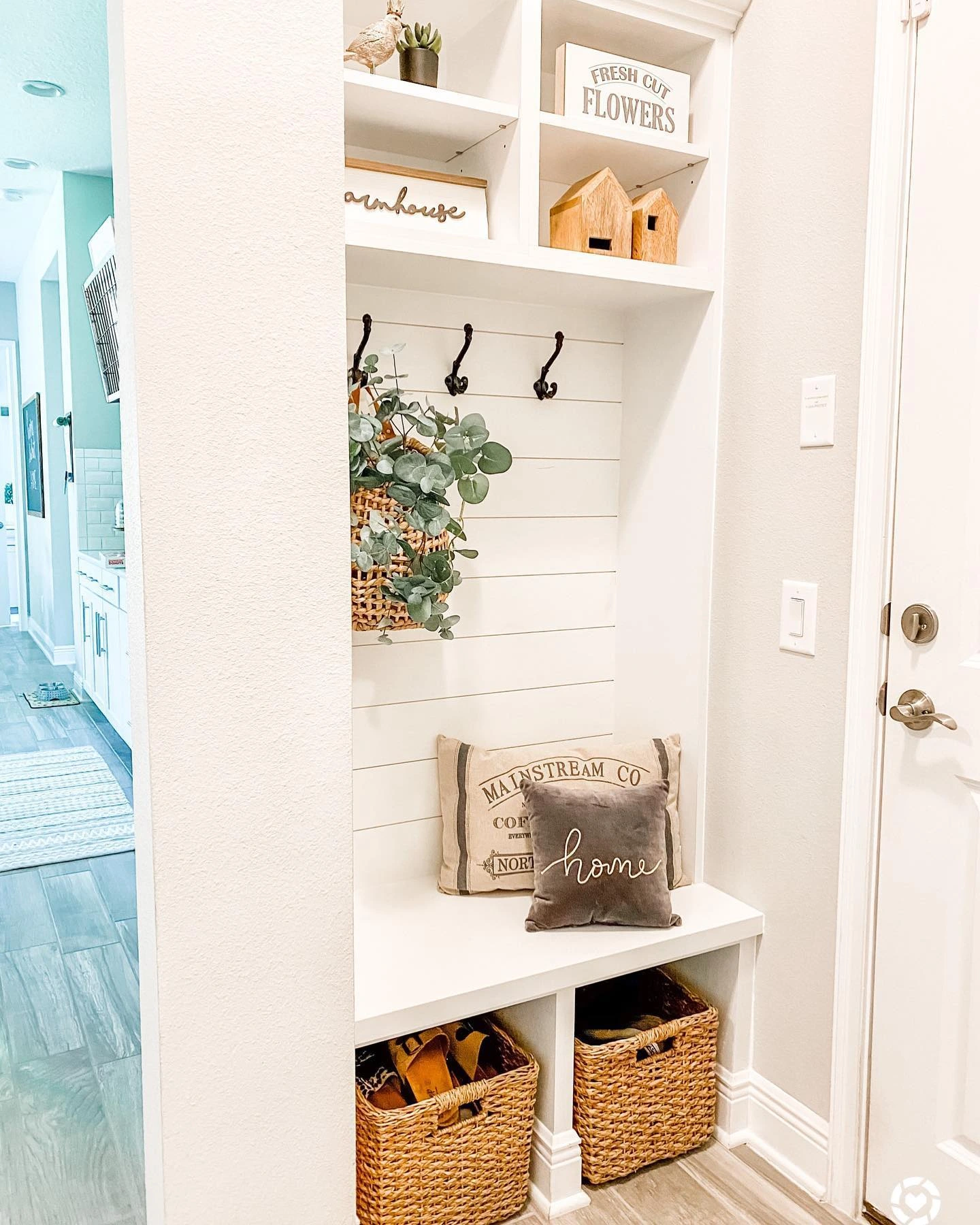 11- Pair a White Bench with Woven Baskets