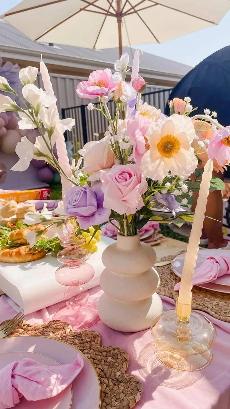 24- Pair Tall Candles with Pastel Flowers