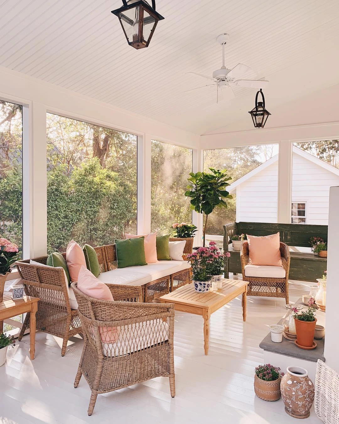 6- Pair Wicker Chairs with Peach Pillows