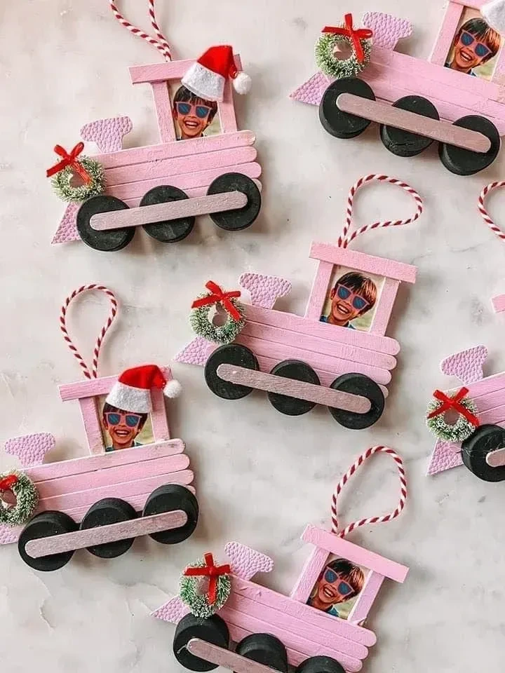 13- Personalize Photo Train Ornaments