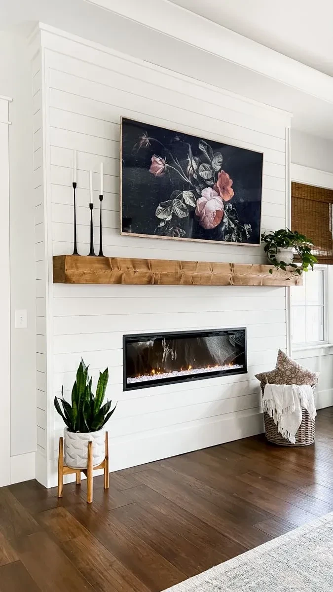 1- Warm Up White Shiplap With a Wood Beam